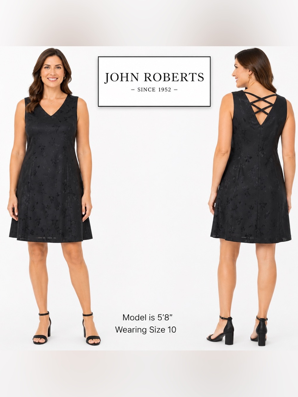 John Roberts Little Black Leaf Print Criss Cross Back Dress 10